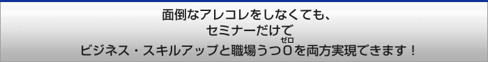 面倒なアレコレをしなくても、セミナーだけでセミナーだけでビジネス・スキルアップと職場うつ0を両方じつげんできます!